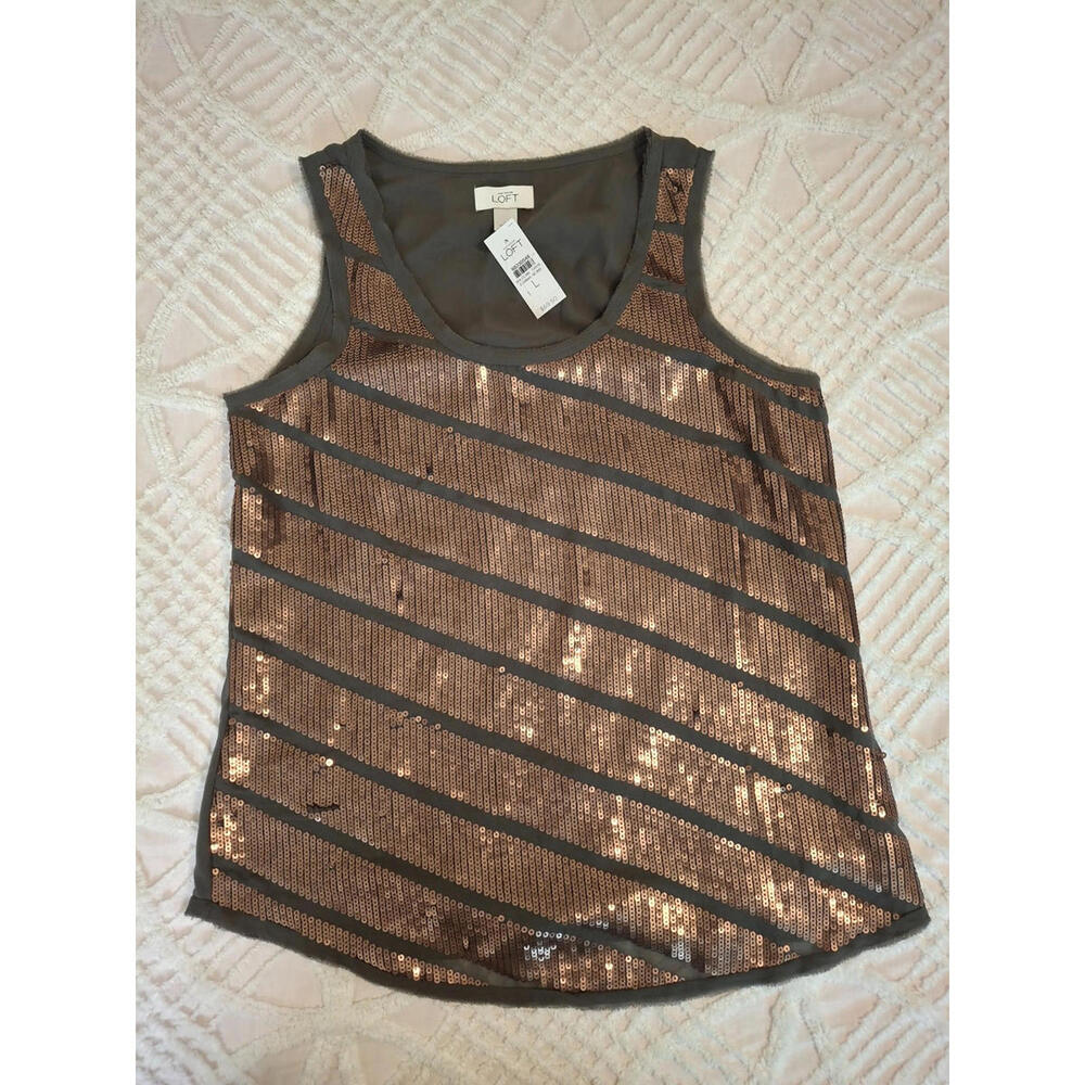 Loft Womens‎ Large Tank Top Olive Green Bronze Sequin Diagonal Stripe Shell NWT